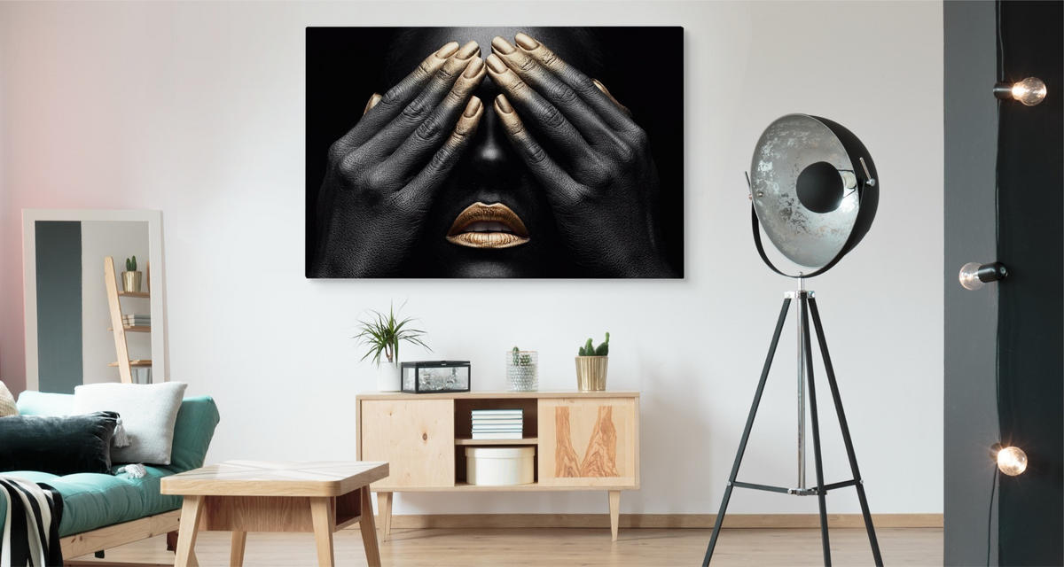 LEINWANDBILD Abstrakt Frau Gesicht goldenes Mund Finger 120/80 cm - Schwarz/Weiß, Textil (120/80cm) - Muralo