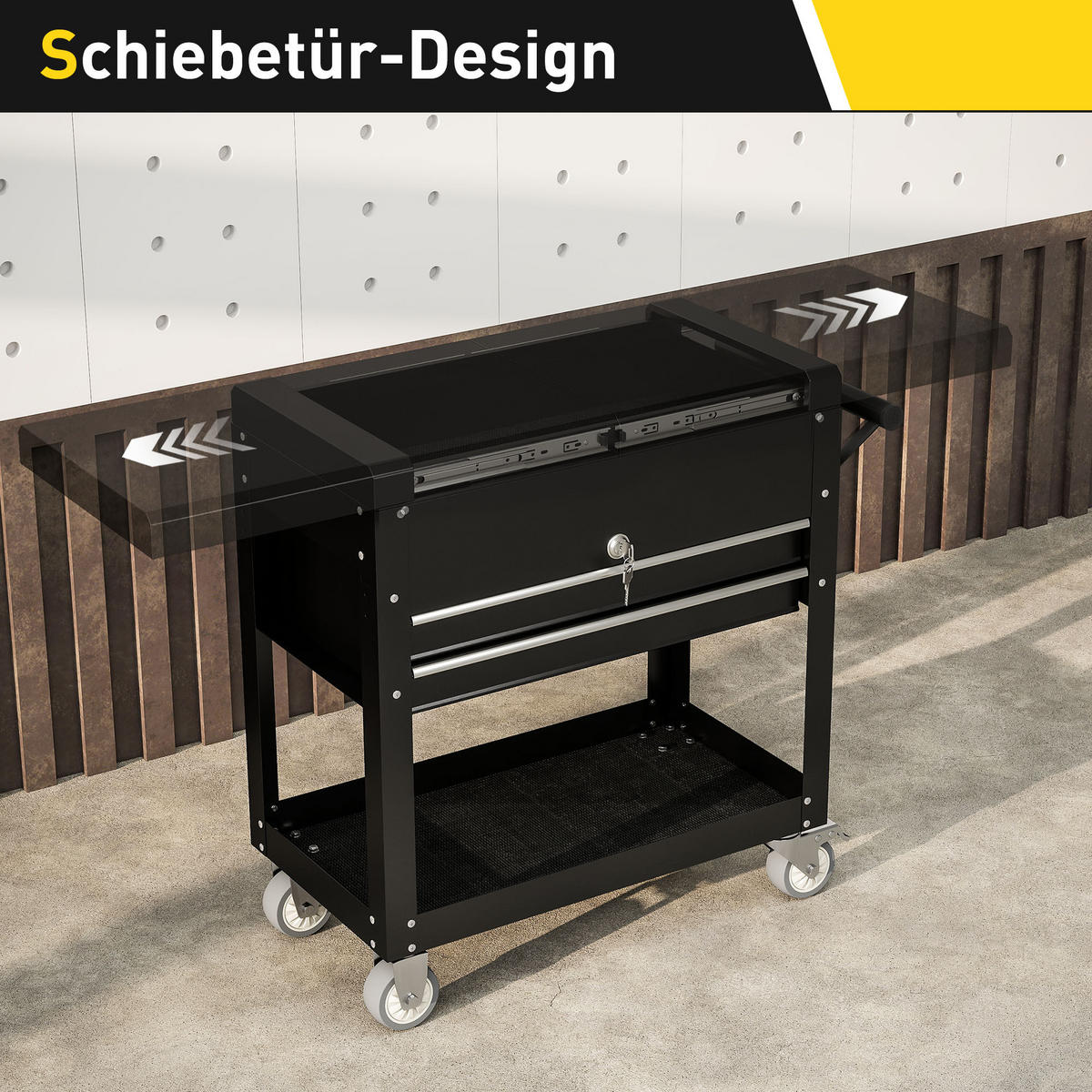 WERKSTATTWAGEN abschließbar mit 2 Schubladen, Schiebedeckel, Ablage Schwarz - Schwarz, Metall (38/80/130cm) - HOMCOM
