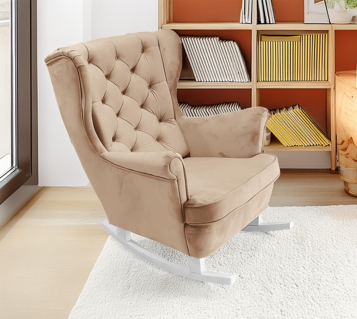 SCHAUKELSESSEL mit gepolstertem Sitz und Armlehnen, 102x81x95 cm, Beige_29800 - Weiß/Cappuccino, Holz/Textil (81/102/95cm) - DomoHome