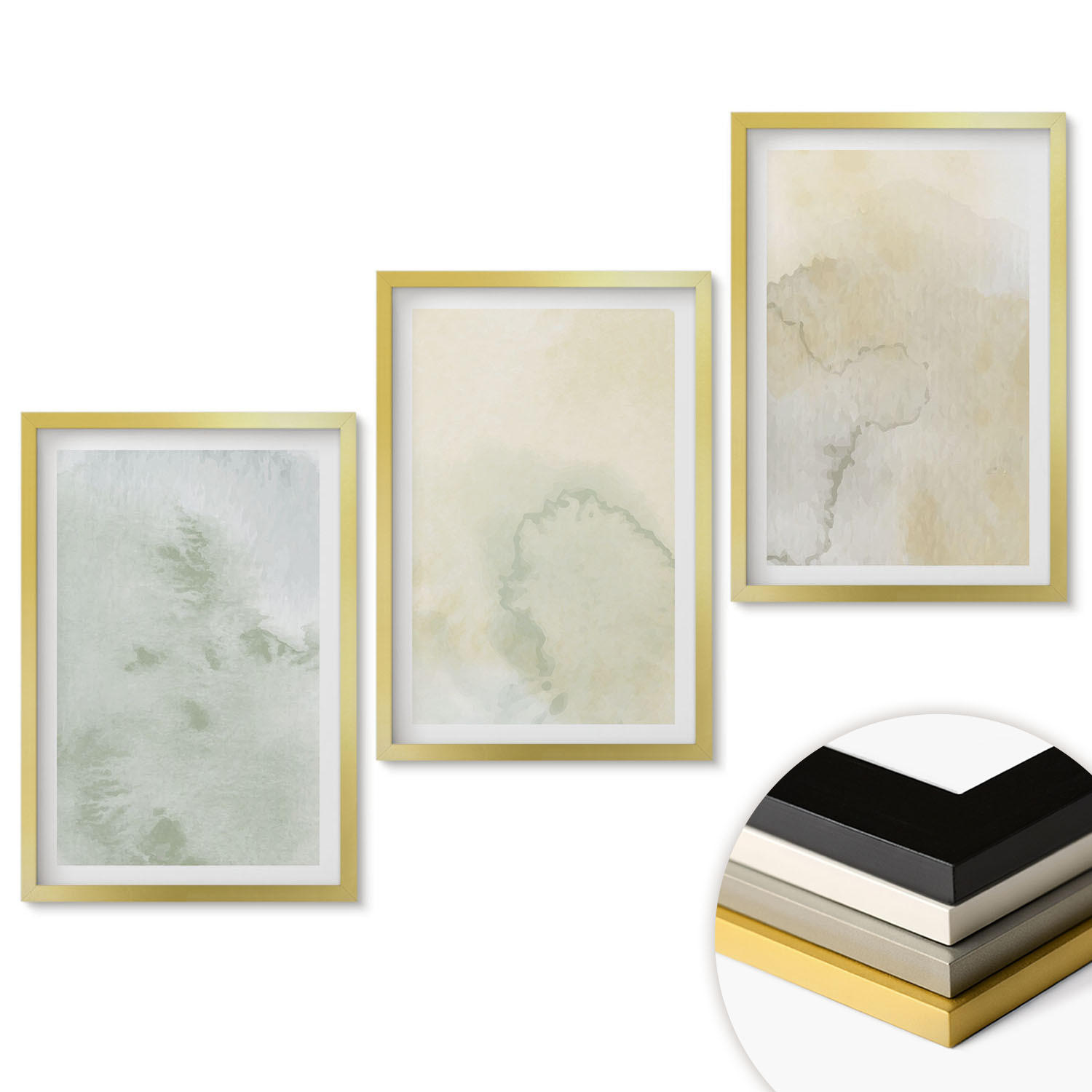 WANDBILDER 3er Set - 40x60 cm Goldrahmen - Pastellfarbene Aquarelltexturen - Goldfarben, Kunststoff (40/60cm) - ArtPrintCave