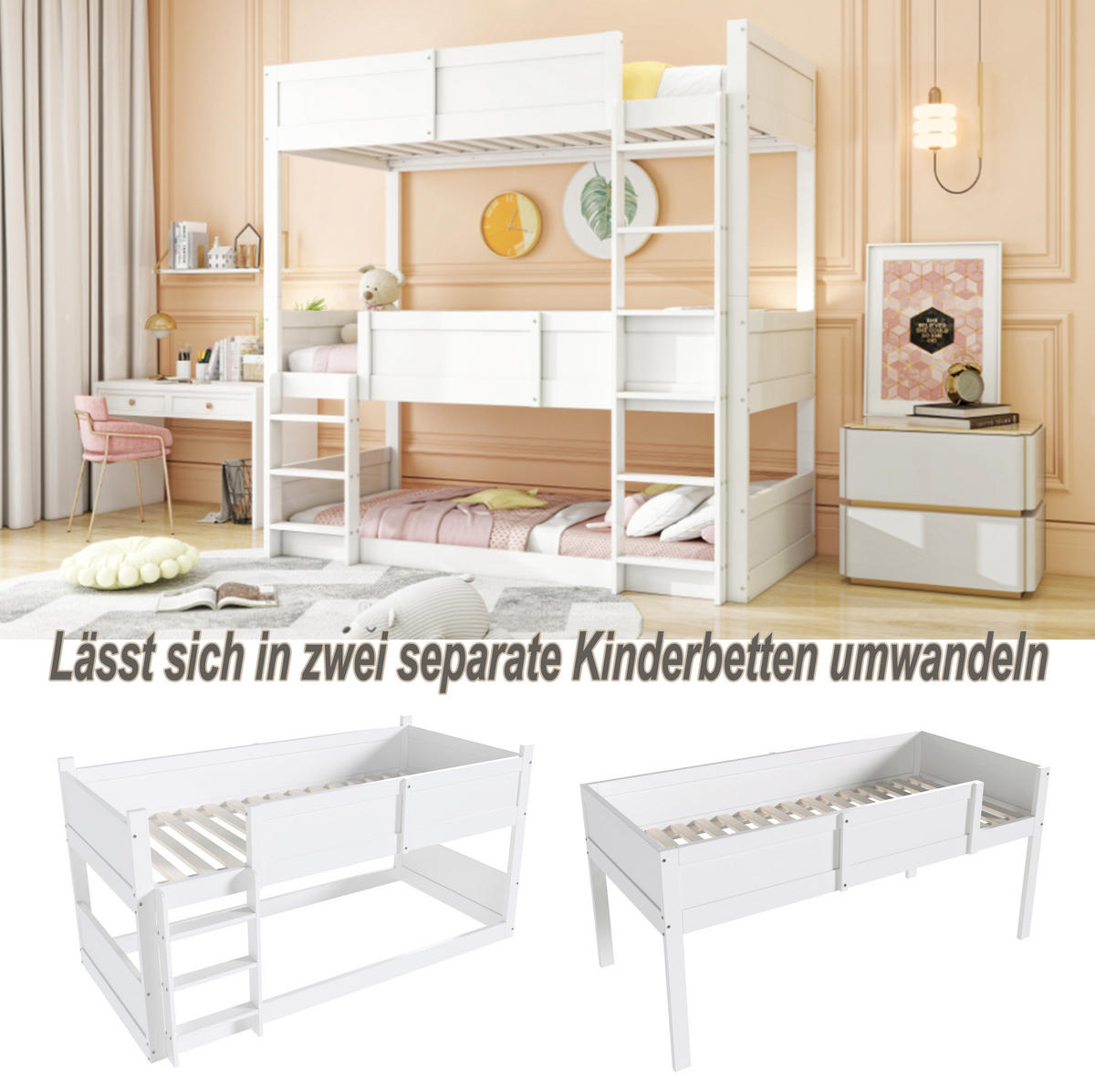 ETAGENBETT 90/200 cm in Weiß aus Massivholz mit hoher Absturzsicherung - Weiß, Holzwerkstoff (90/200cm) - OKMYHOME
