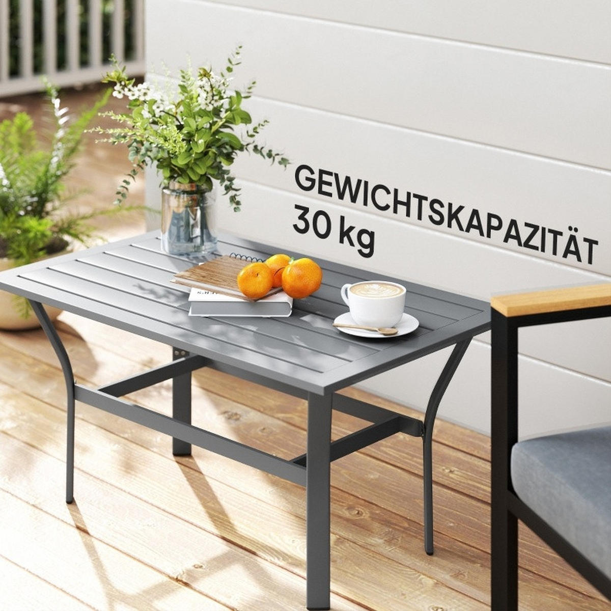 GARTEN-BEISTELLTISCH 91,5/55/45 cm aus Metall mit Latten-Design und wetterfester Oberfläche, Dunkelgrau - Naturfarben, Metall (91.5/55/45cm) - Redom