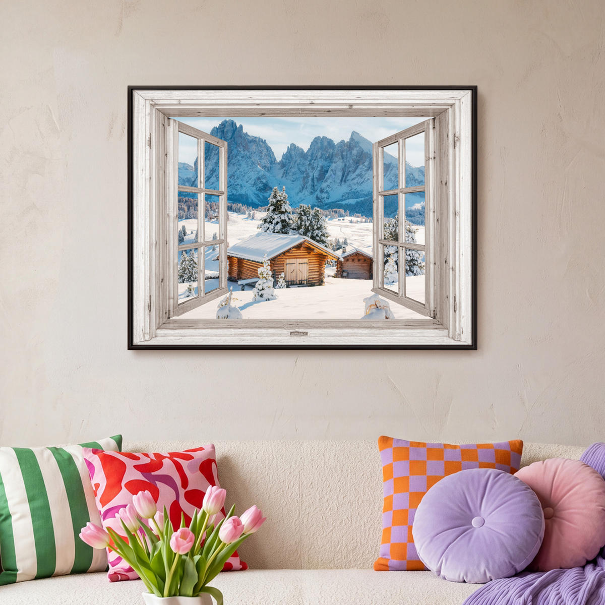 LEINWAND Bilder mit Rahmen - Winterlandschaft - Hütte - Berge - Ausblicke - Aussicht - Natur - 70x50 - Weiß Hochglanz, Textil (70/50cm) - MuchoWow