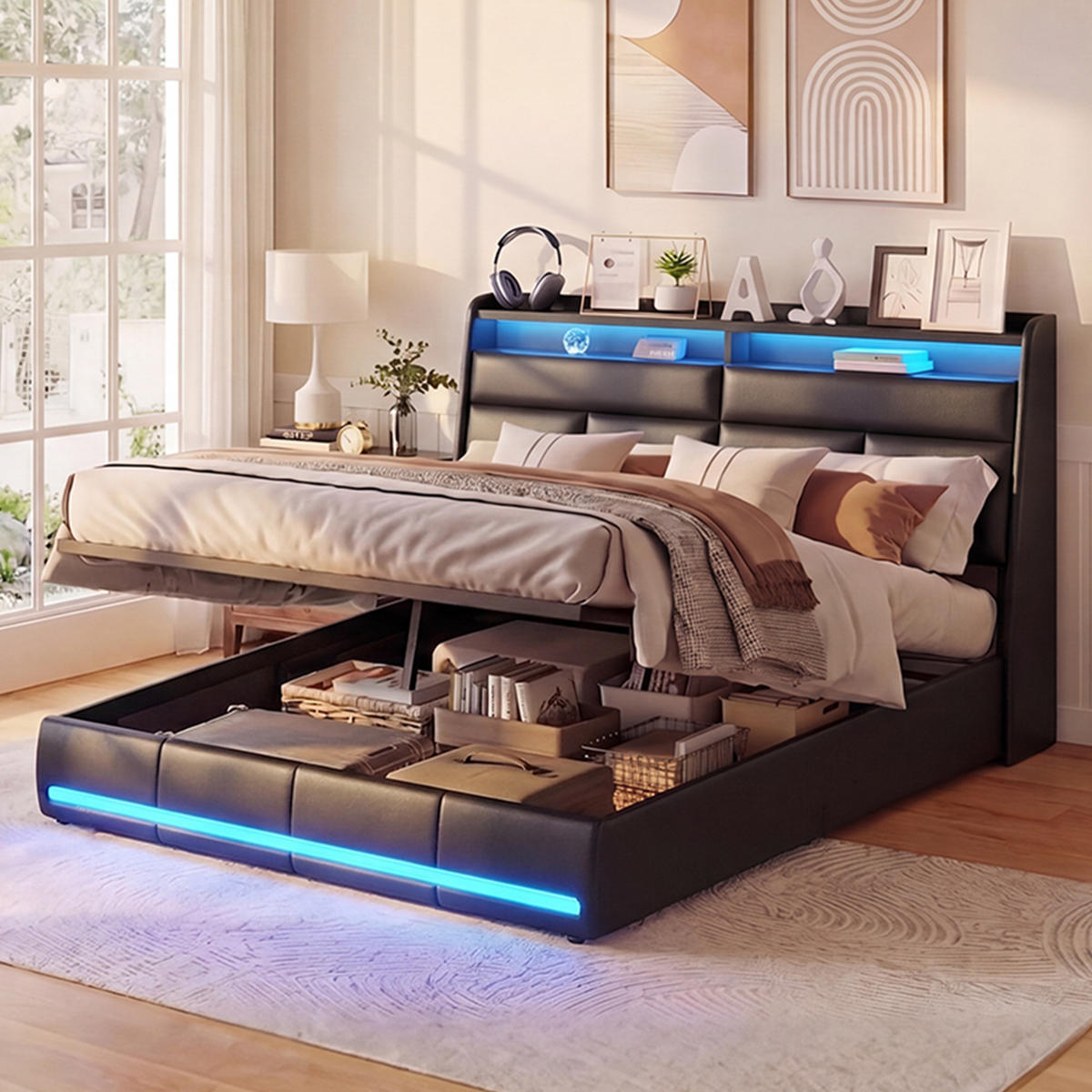 DOPPELBETT 140x200 cm mit Bettkasten LED Ladestation Schwarz Stauraumbett - Schwarz, Holz (140/200cm) - PARAFTA HOME
