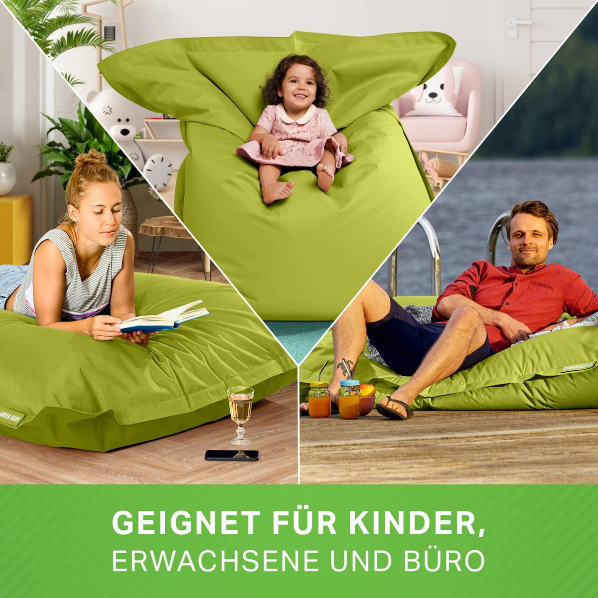 SITZSACK XXL "Square" 140x180cm - 380 L - Grün, Textil (140/25/180cm) - Green Bean