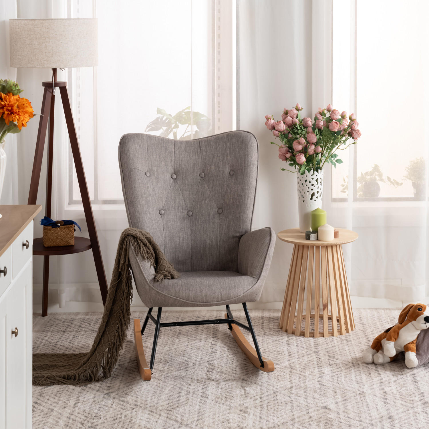 SCHAUKELSTUHL, Metall, Grau - Hellgrau, Holz/Textil (66/97/84cm) - Meubles Cosy