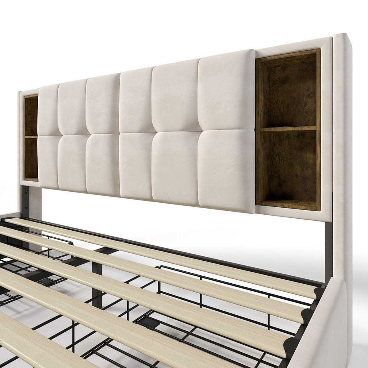 POLSTERBETT 160/200 cm in Beige Samt mit Matratze - Grau, Holz/Textil (160/200cm) - KOMHTOM