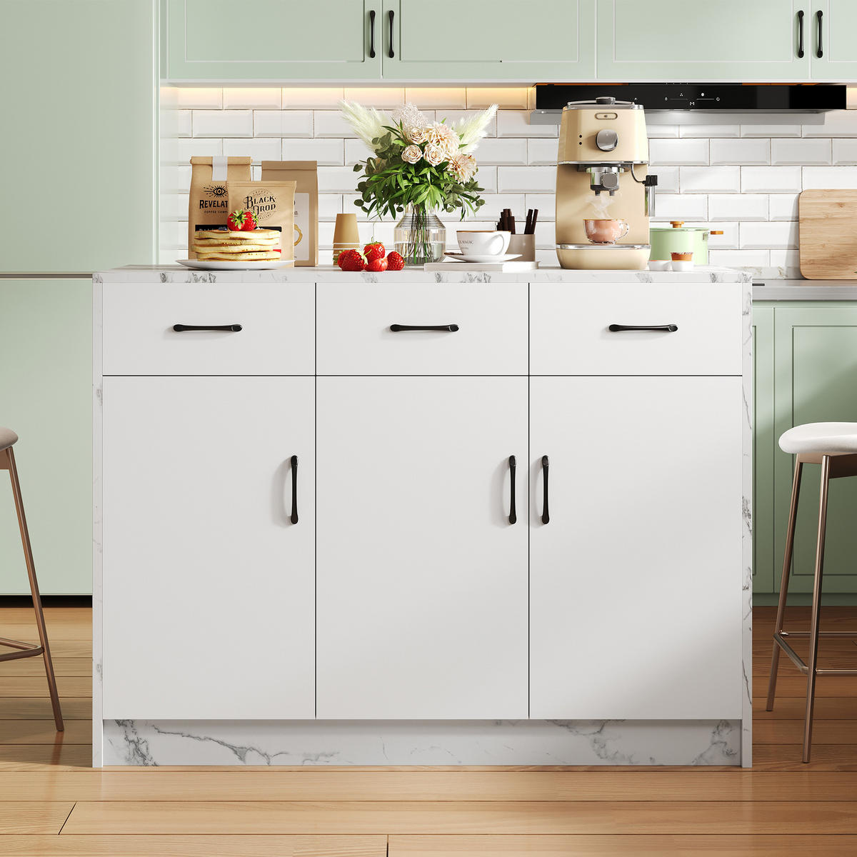 KÜCHENINSEL 120x60x90.5cm Weiß Marmoroptik mit Barbereich,3 Schubladen & Schränken - Weiß, Holzwerkstoff (120/90.5/60cm) - Modfu