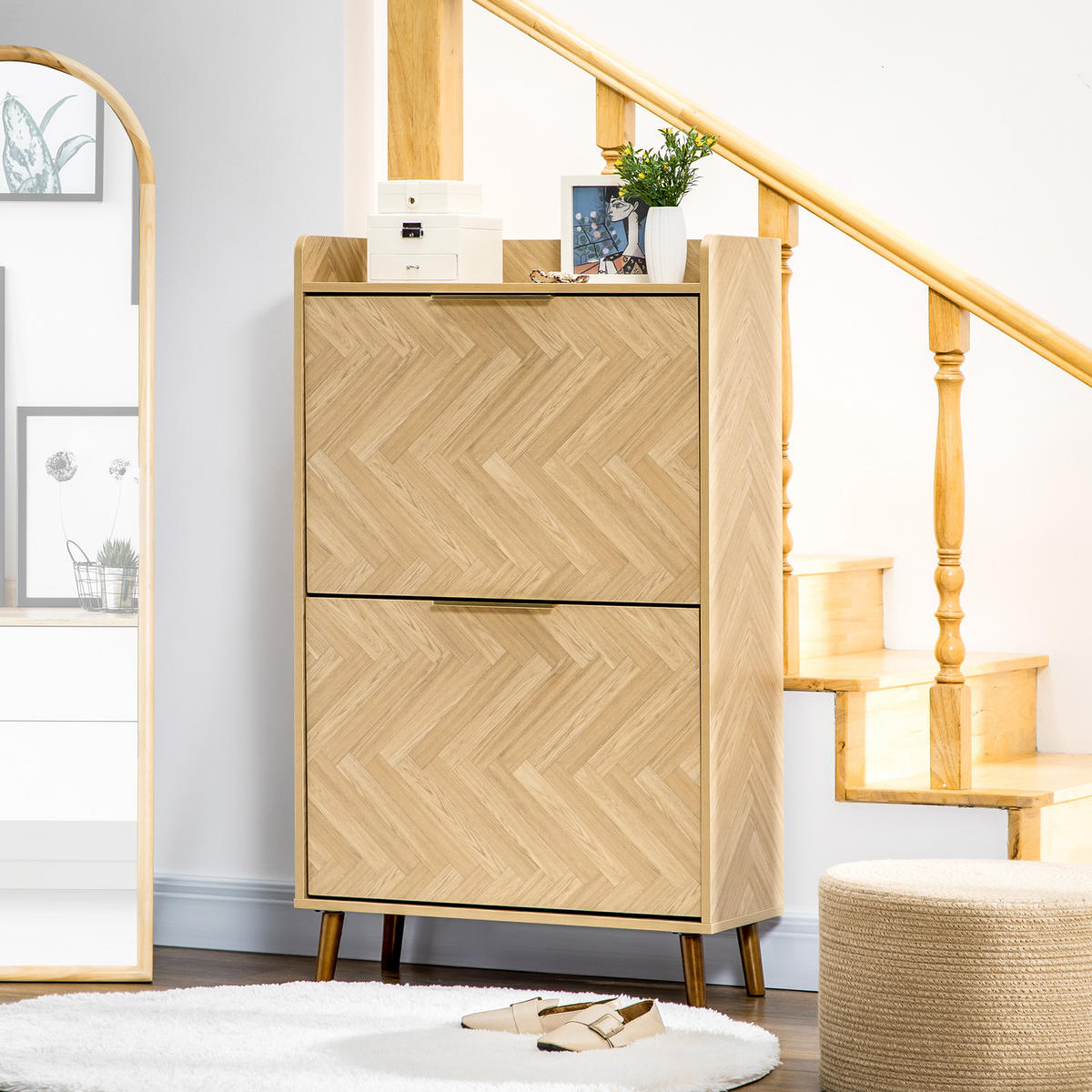 SCHUHSCHRANK DE-14985 Vintage mit Fischgrätmuster Holzoptik - Naturfarben, Holzwerkstoff (70/120/30cm) - ComfortXL