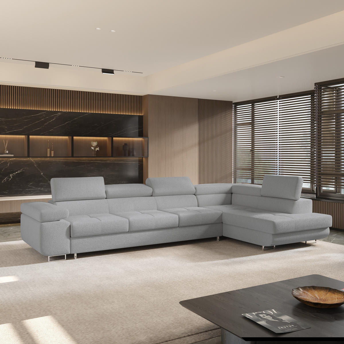 ECKSOFA VICENTE Hellgrau Boucle-Stoff mit Schlaffunktion - Hellgrau, Holz (346/202cm) - MASSENO