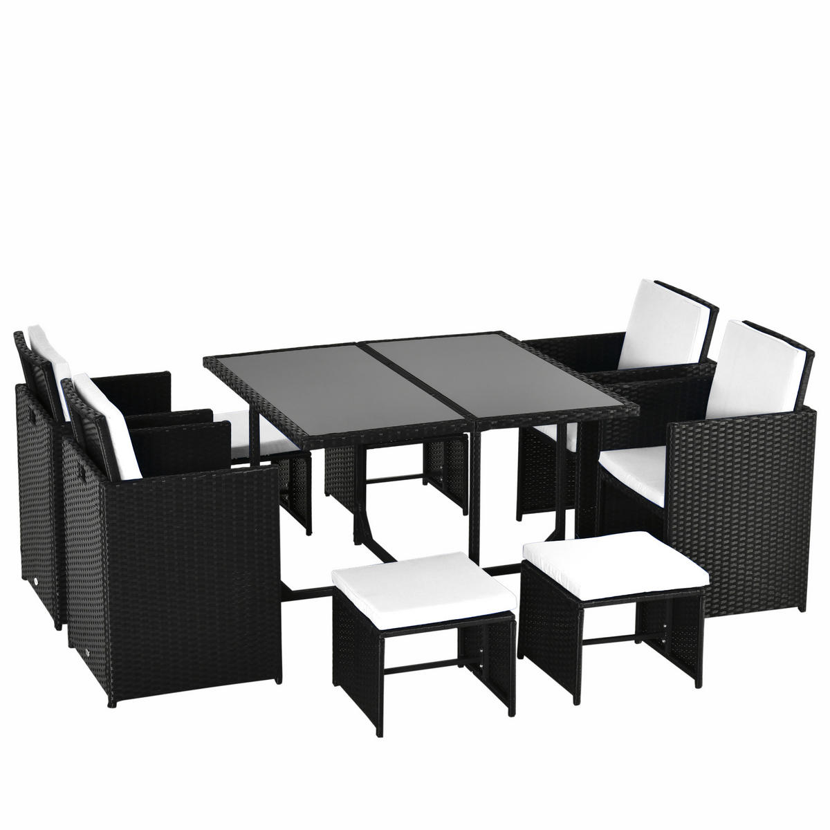 POLYRATTAN GARTENSET DE-06667 8-teilig, klappbar Schwarz - Schwarz/Weiß, Kunststoff/Metall - ComfortXL