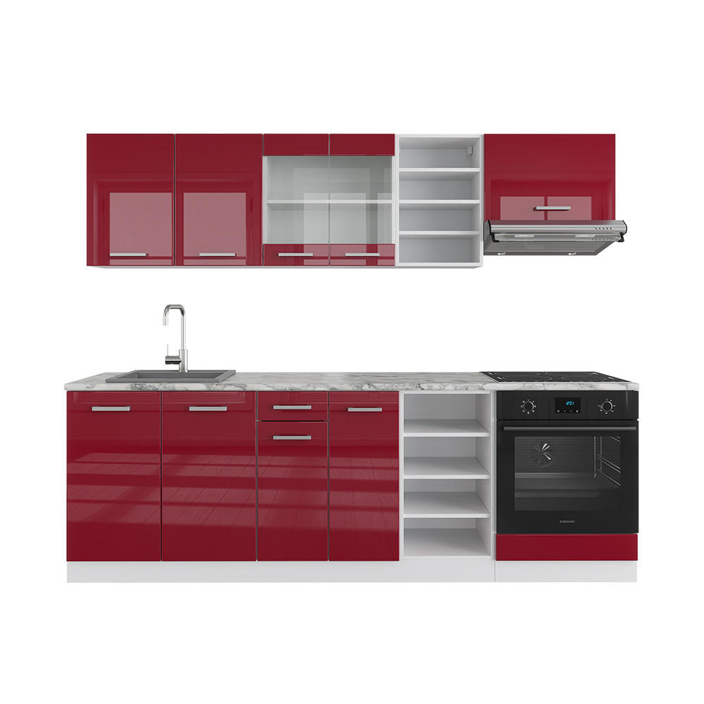 KÜCHENZEILE R-Line Bordeaux Hochglanz/Weiß 240 cm, AP Marmor - Bordeaux/Weiß, Holzwerkstoff (240/81.6/60cm) - Vicco