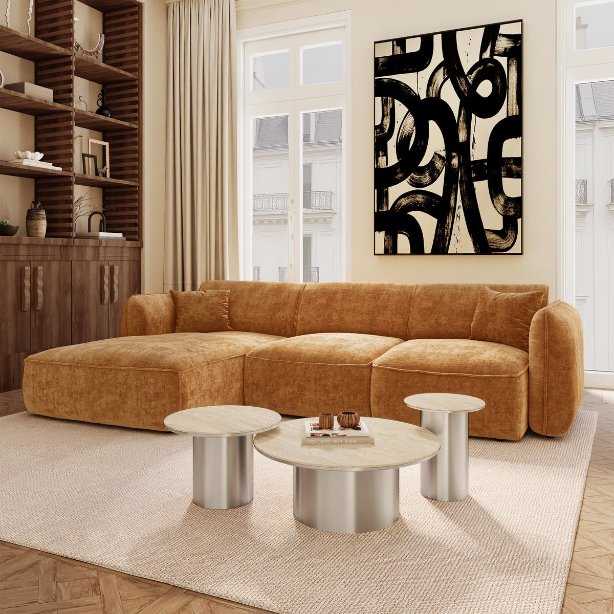 ECKSOFA (links) LOMI Geprägter Samt Karamell 272cm - Braun, Textil (272/90cm) - Premium Interiors