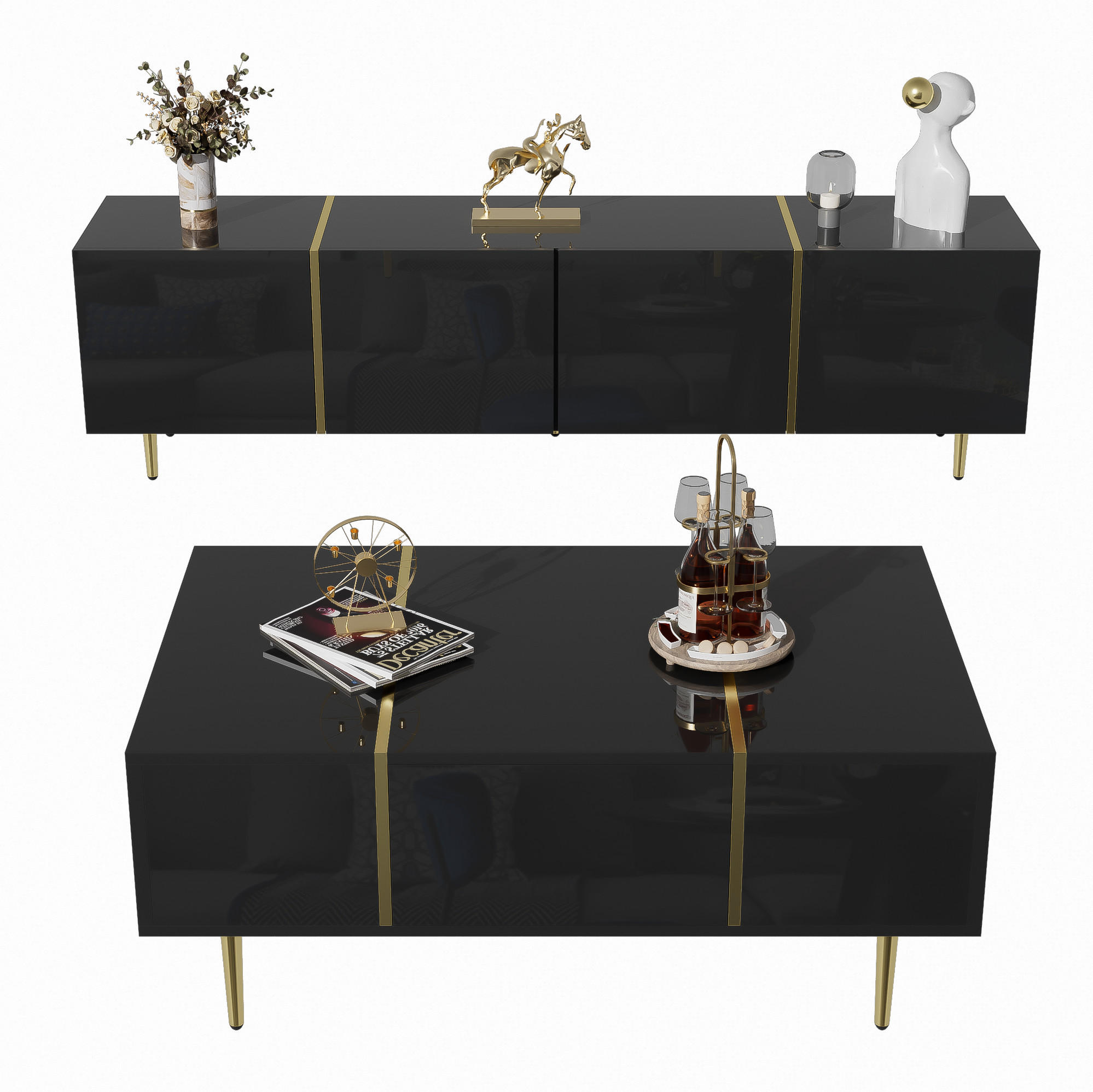 TV-ELEMENT- und Couchtisch-Set in Schwarz Hochglanz mit Goldakzenten und Stauraum - Schwarz, Holzwerkstoff (170/46/35cm) - Flora Grace