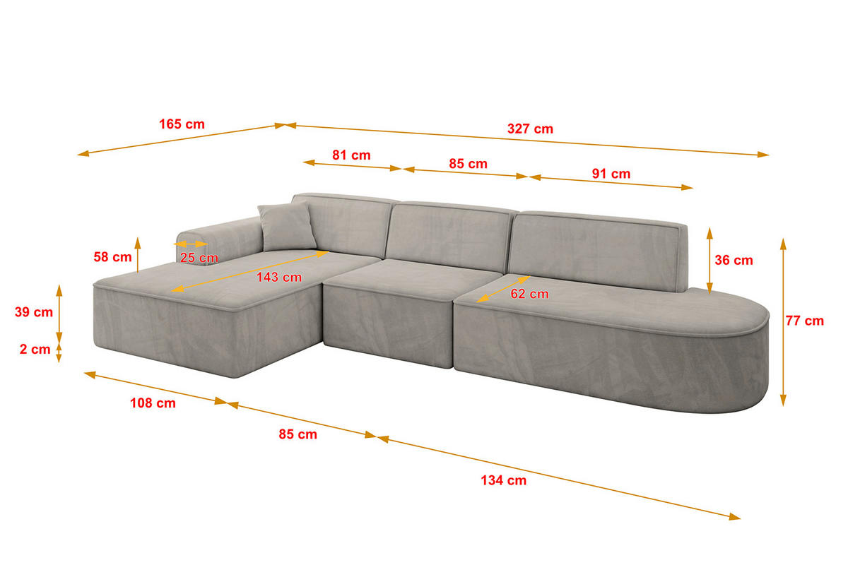 ROHOVÁ SEDAČKA s otomanem, levá IREA-L2-v3 327x165x77 Světle hnědá Velur - černá/světle hnědá, kompozitní dřevo/textil (328/171cm) - ALTDECOR