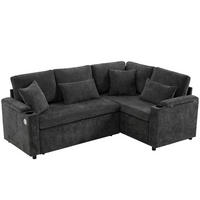 ECKSCHLAFSOFA Chenille Dunkelgrau mit Stauraum, USB, Getränkehalter und mit Kissen - Dunkelgrau, Holzwerkstoff/Kunststoff (206.5/141cm) - WISHDOR