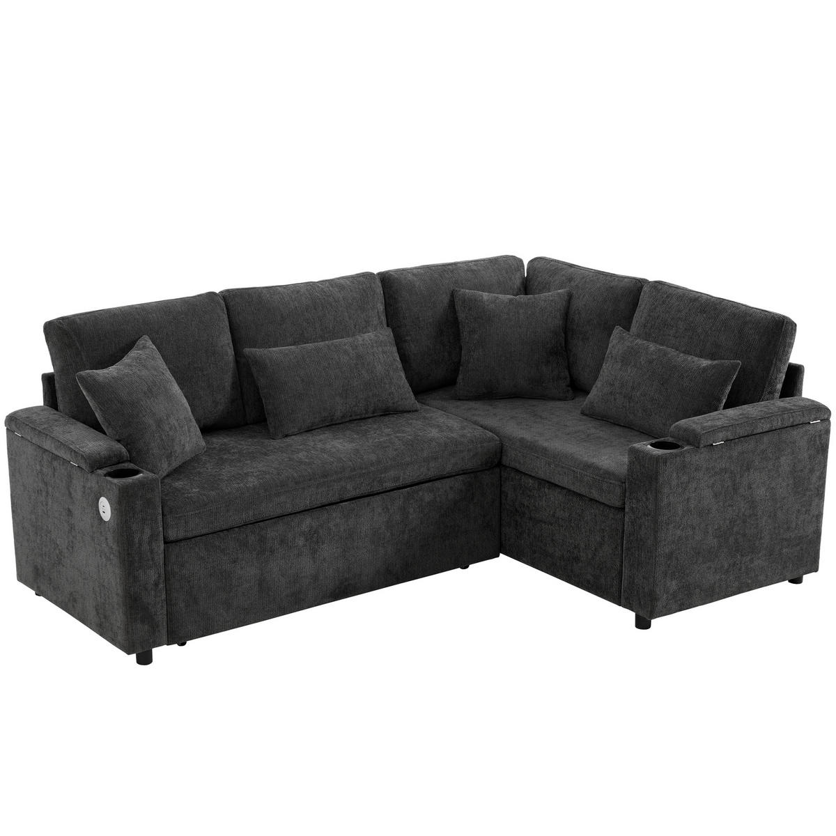 ECKSCHLAFSOFA 206.5/141/86 cm Dunkelgrau mit Stauraum, Getränkehalter, USB-Ladeanschluss und Armlehnenablage - Dunkelgrau, Textil (206.5/141cm) - Oxeza