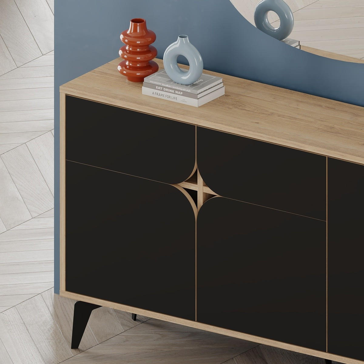 SIDEBOARD 3 Türen mit Metallfüßen B140 cm - FLORA - Eschefarben, Holzwerkstoff (40/79.3/140cm) - Calicosy