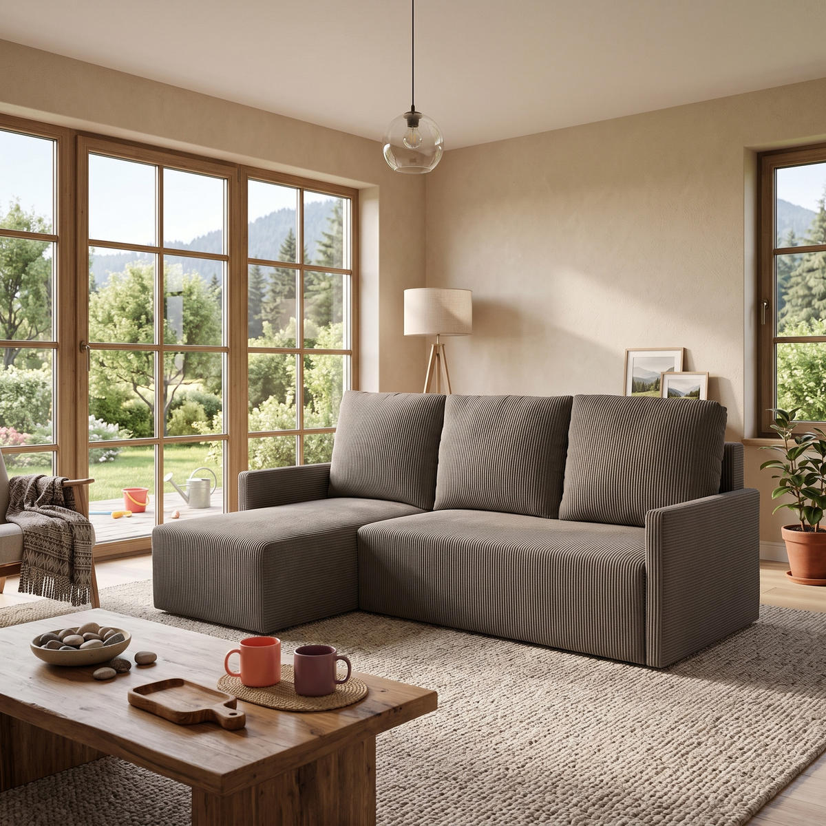 ECKSOFA GARDA L universell links/rechts montierbar mit Schlaffunktion 132x198 cm Cord Hellbraun - Hellbraun/Schwarz, Holz/Kunststoff (209/145cm) - NACANAPA