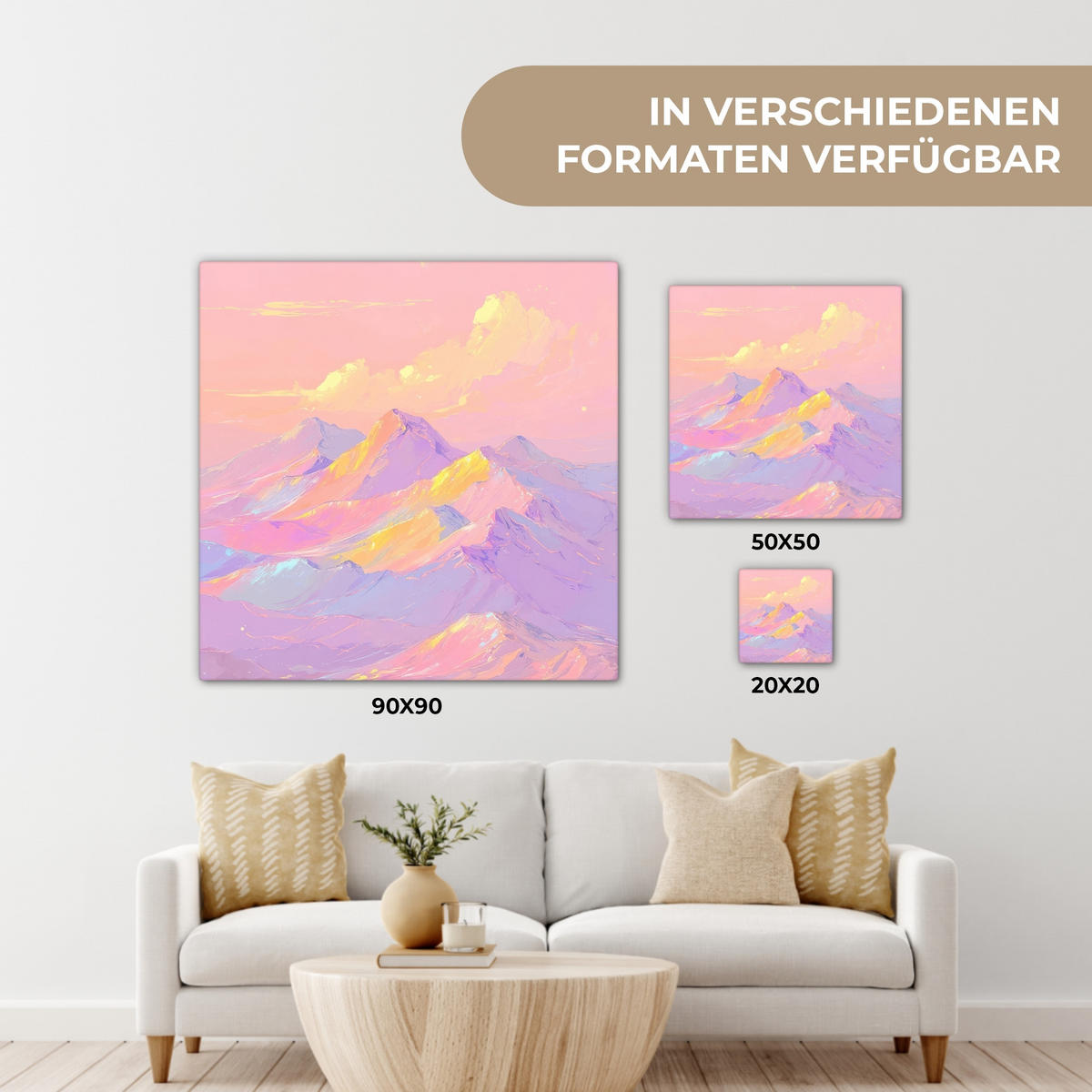 LEINWANDBILD Berggipfel - Wolken - Verträumt Deko Wohnzimmer 20x20 cm - Hellrosa, Textil (20/20cm) - MuchoWow