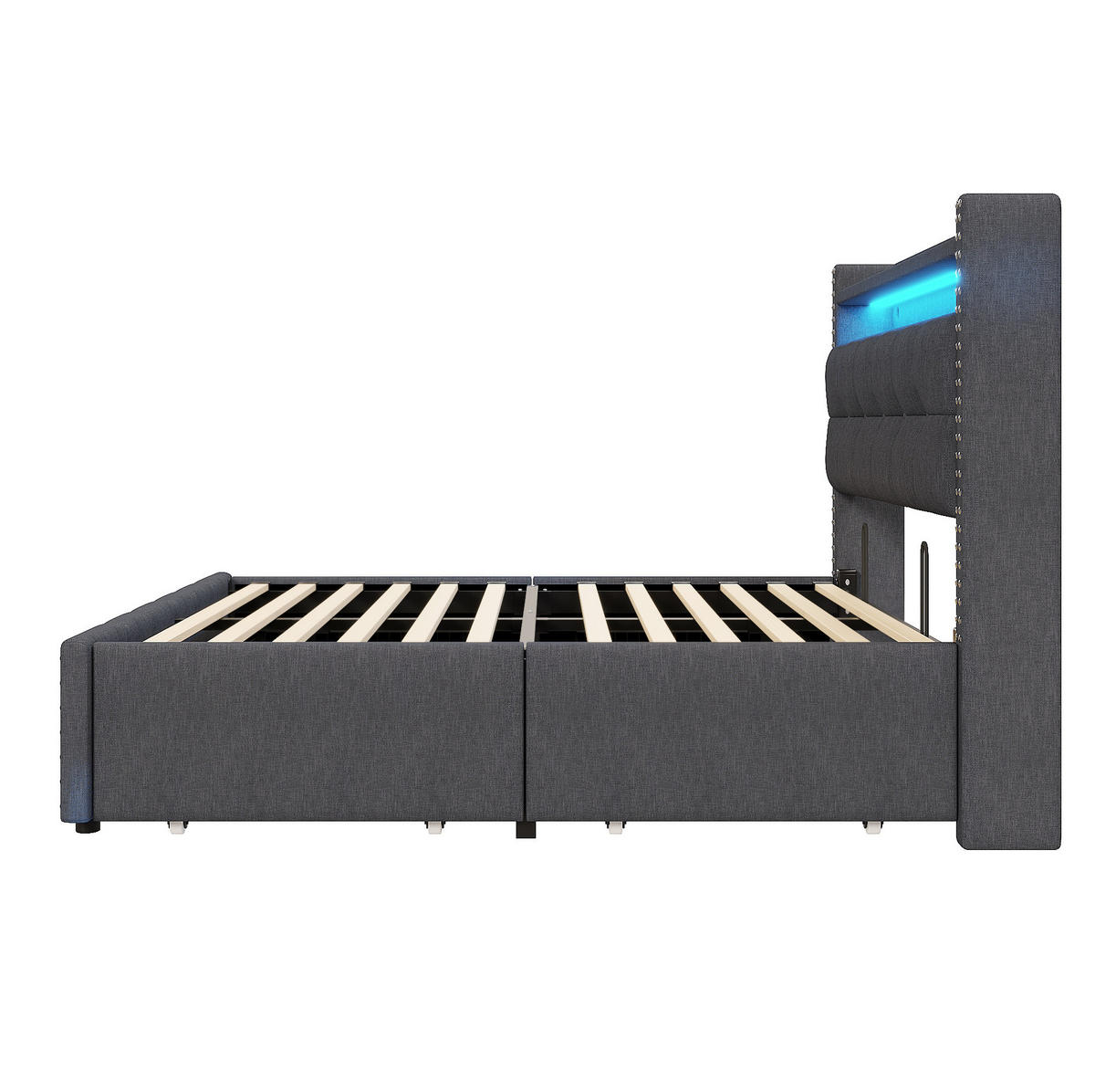 ČALÚNENÁ posteľ 140/200 cm s LED osvetlením, USB portom, policami a 4 zásuvkami, Sivá - sivá, textil (140/200cm) - Redom