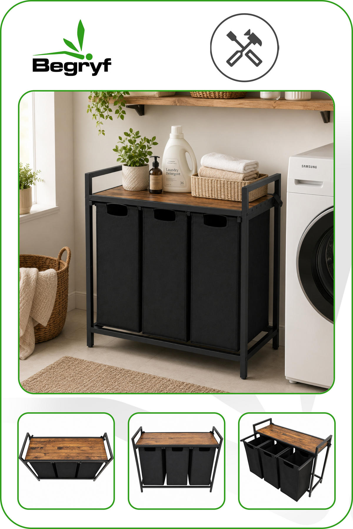 WÄSCHEKORB Metall Schwarz 3 herausnehmbare Wäschesäcke 114 Liter 92,5x33x71 cm - Dunkelbraun/Schwarz, Holzwerkstoff/Textil (92.5/71/33cm) - Begryf