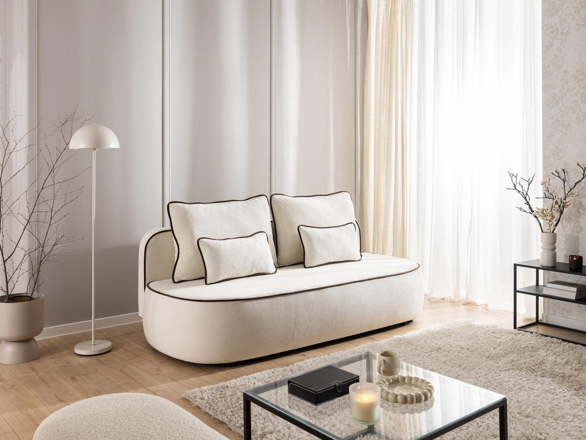 SCHLAFSOFA Vero im modernen und abgerundeten Design mit Bettkasten aus Creme Plüschstoff mit brauner Paspel - Creme/Schwarz, Holz/Kunststoff (210/90/98cm) - S-Style Möbel