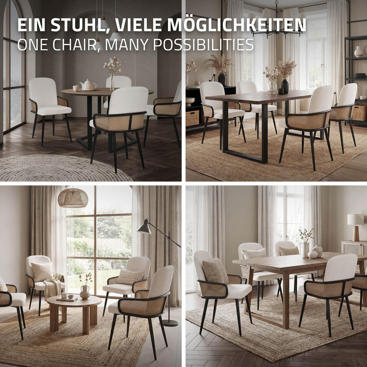 JÍDELNÍ ŽIDLE, sada 4 ks, béžové s látkovým potahem, ratanový vzhled - černá/béžová, kov/textil (51/91/61cm) - ML-DESIGN