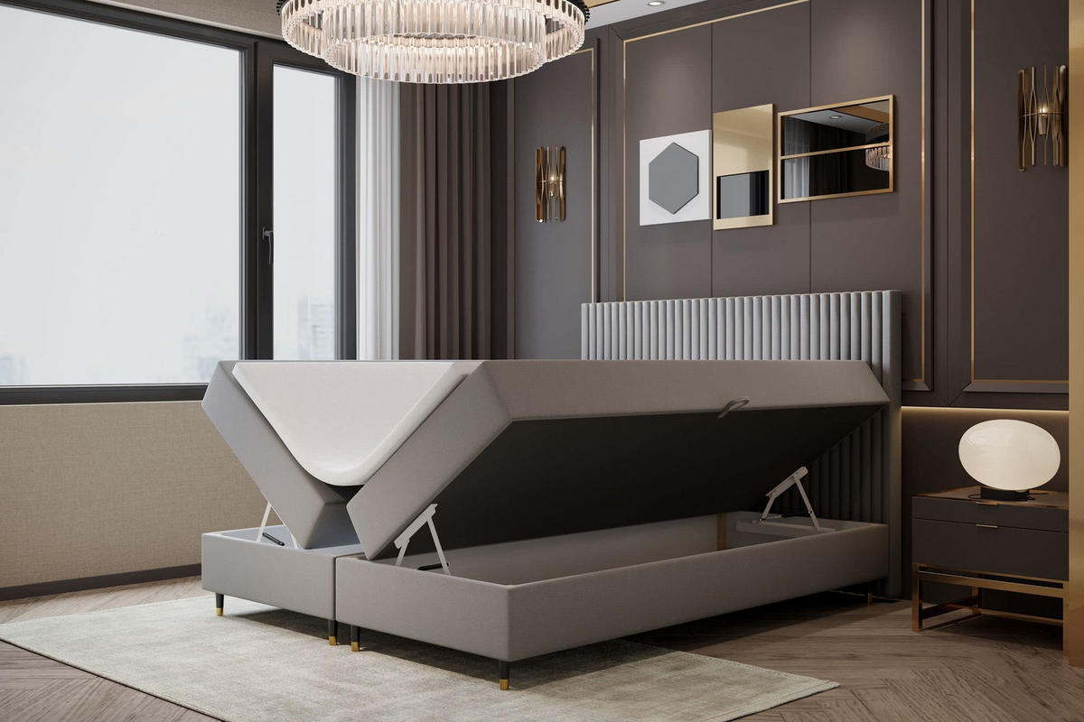 BOXBETT 160 x 200 cm mit Taschenmatratze ESTEPONA, Bettkästen mit Gasdruckfedern, Elegants gepolsterte Kopfstütze und Topper, Grau - Grau, Holz/Textil (160/200cm) - Trada