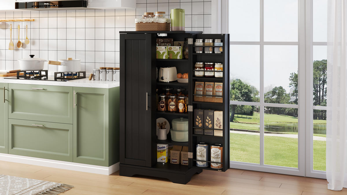 HOCHSCHRANK 2-türig aus MDF mit LED-Sensorlicht, moderner Stauraum für Küche und Wohnraum, 120/60/40 cm, Schwarz - Schwarz, Holzwerkstoff (60/120/40cm) - Redom