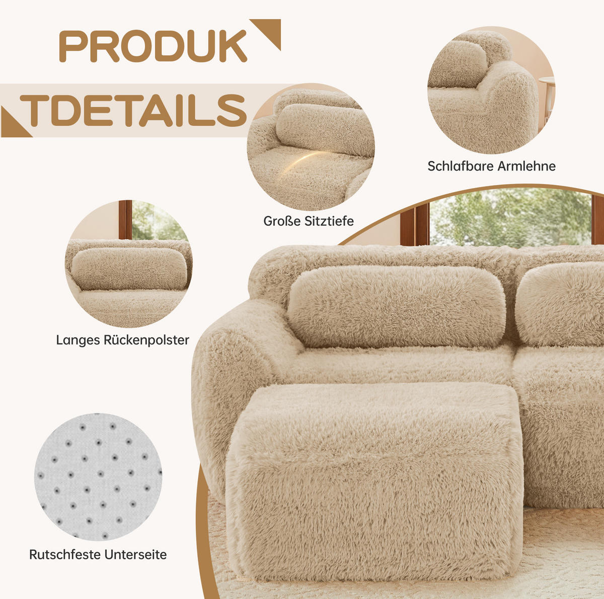 SOFA in Hellkhaki aus Plüsch mit rutschfester Basis und Kissen - Sandfarben, Textil (104/73/204cm) - Flora Grace