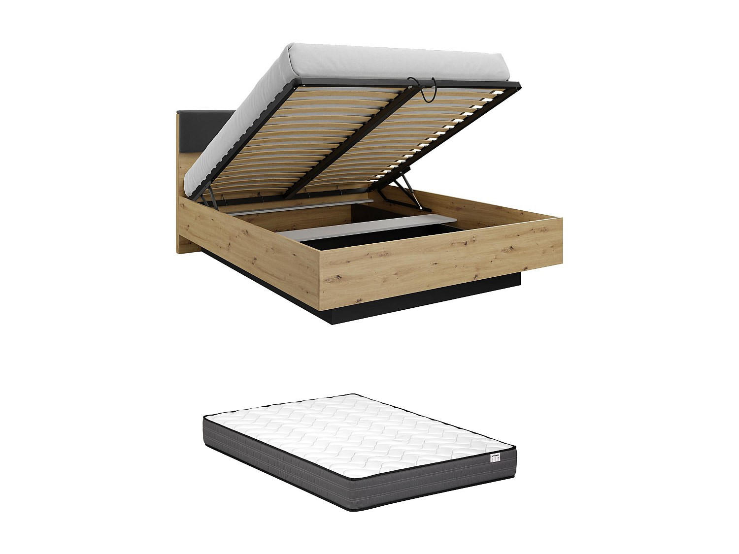BETT mit Bettkasten - 2 Personen - Holz, Platte - Schwarz, Naturfarben Hell - - Schwarz/Naturfarben, Holz (160/200cm) - Vente-Unique