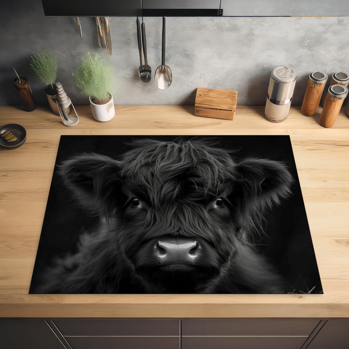 HERDABDECKPLATTE Scottish Highlander - Schwarz - Kalb - Kuh Induktionsmatte 77x59 cm - Schwarz, Kunststoff (77/59/0.2cm) - MuchoWow