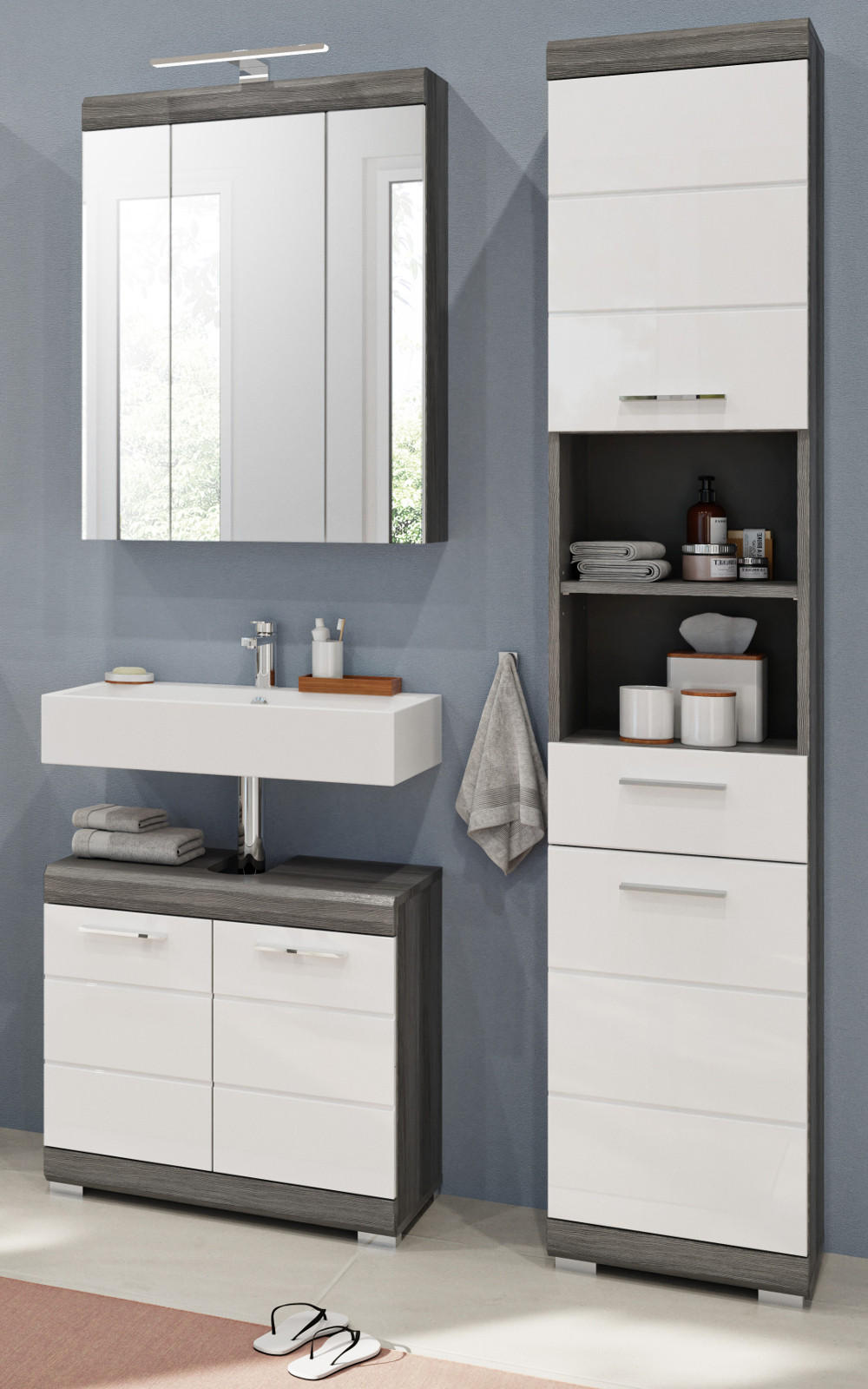 BADMÖBEL-SET weiß Hochglanz, grau 3-teilig 112 cm, Badkombination 17 Fächer - Weiß Hochglanz/Silberfarben, Glas/Holzwerkstoff (112/191/34cm) - Inn.Furn