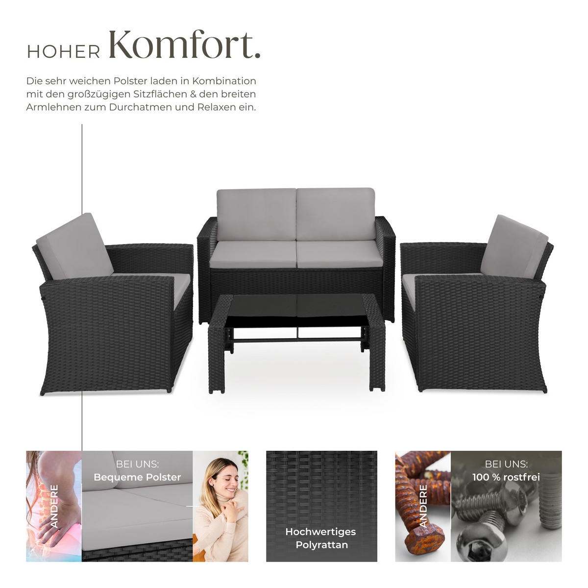RATTANLOUNGE Jesolo,mit Sicherheitsglasplatte,schwarz/grau - Schwarz/Grau, Kunststoff - tectake