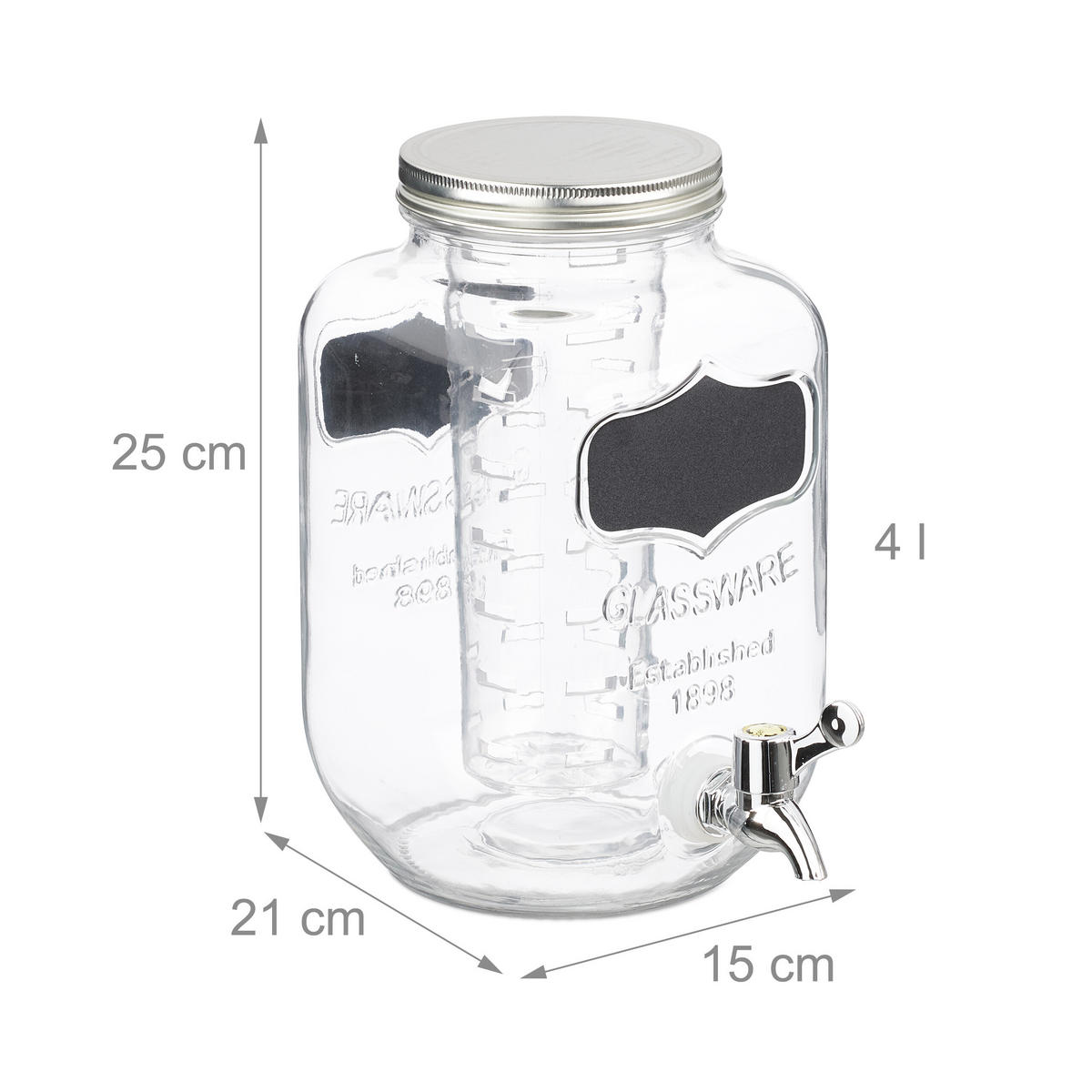 GETRÄNKESPENDER - Transparent, Glas/Kunststoff (4L) - Relaxdays