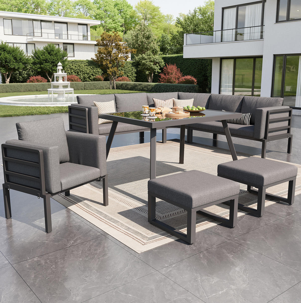 GARTENLOUNGE-SET mit Stahlrahmen & Glastisch, 3 Sofas, Sessel, 2 Hocker, 114/60/77 cm, Grau - Grau, Metall - Redom