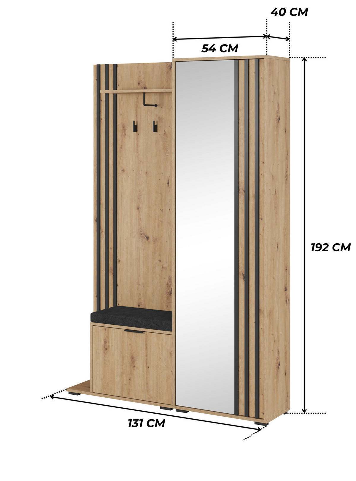 GARDEROBE STILO 131 cm (Artisan Eiche, Schwarze Lamellen, Spiegel, Sitzkissen, Metallgriffe) - Schwarz/Eiche Artisan, Holz/Holzwerkstoff (131/192/40cm) - Ravio