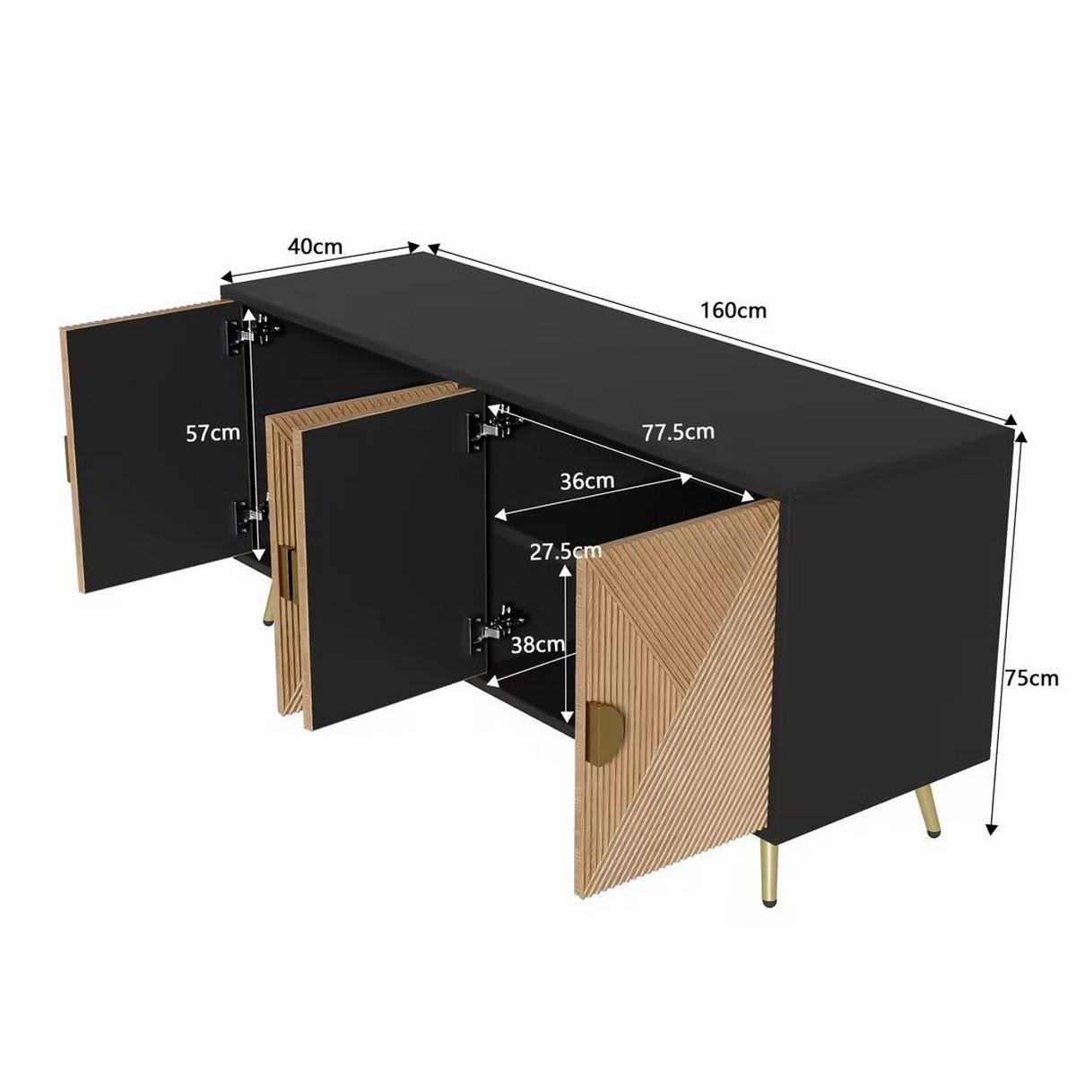 SIDEBOARD 160/40/75 cm aus MDF und Holzwerkstoff mit Sanftschluss und goldfarbenen Griffen Schwarz/Holzfarben - Schwarz, Holzwerkstoff (160/75/40cm) - Modenvie
