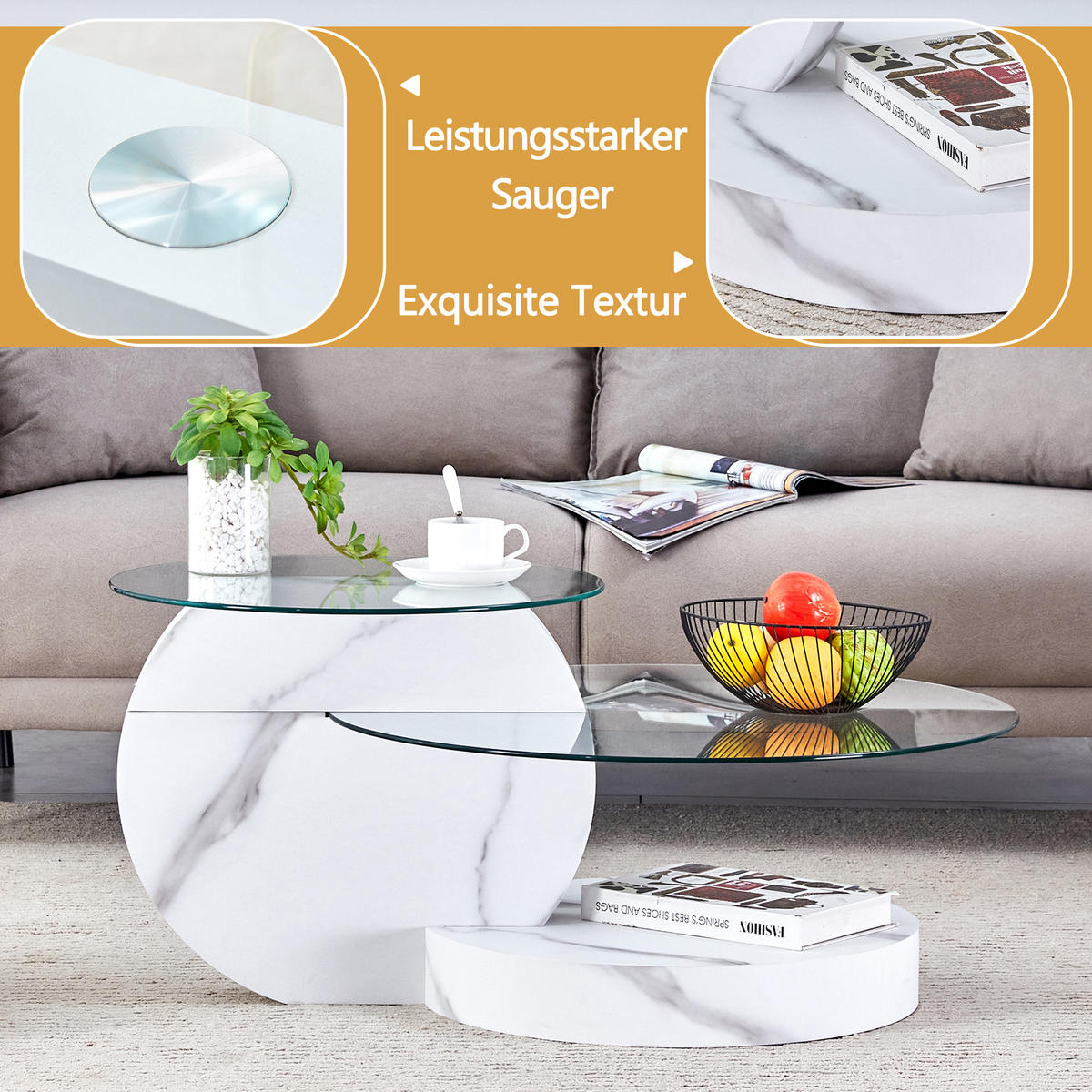 COUCHTISCH DE-145 Zweischichtig Marmoroptik Weiß - Weiß, Holzwerkstoff (70/90/44cm) - ComfortXL