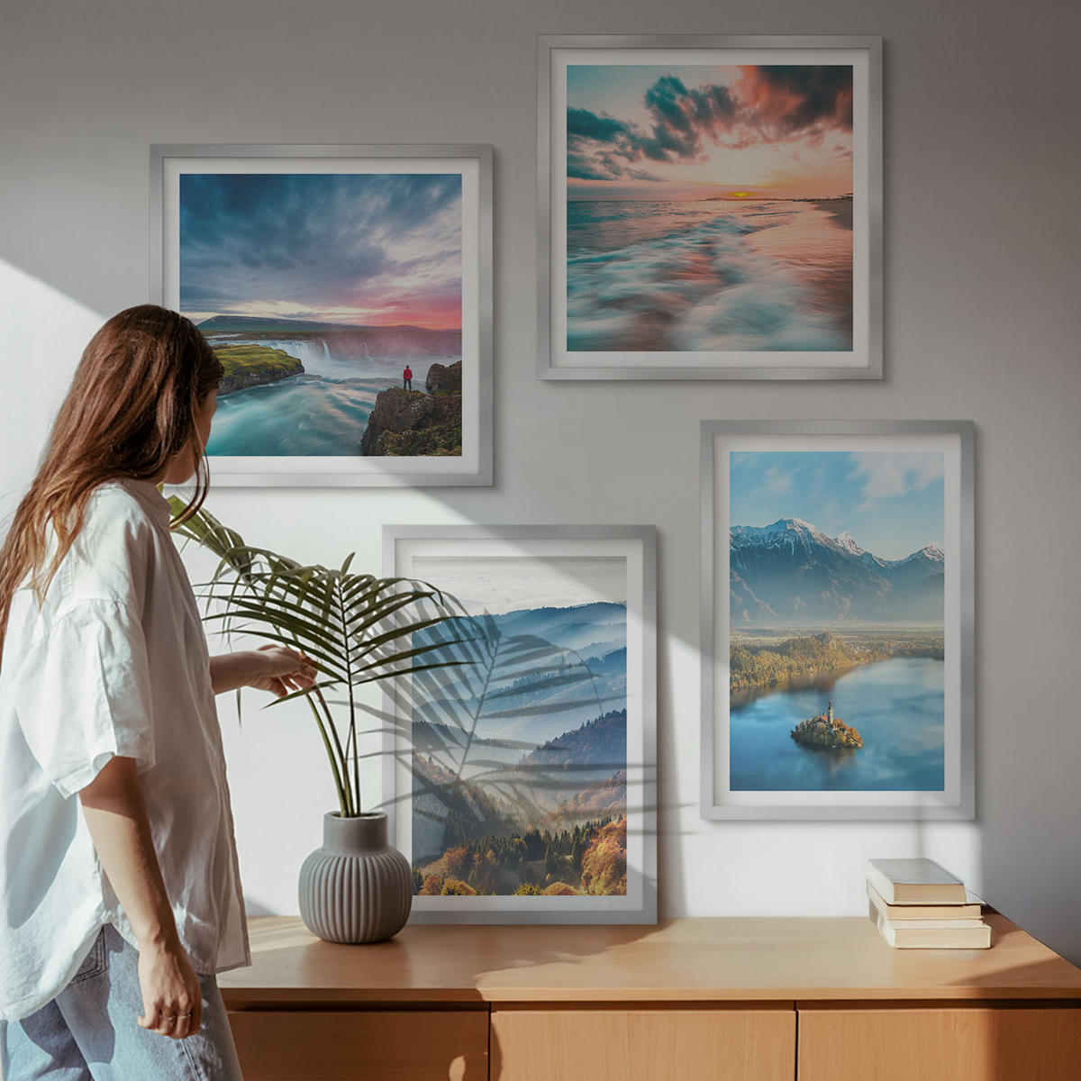 BILDER SET 4er Set - 50x50 cm & 40x60 cm Silberner Rahmen - Berglandschaften, Wasserfälle - Silberfarben, Kunststoff (50/50cm) - TULUP