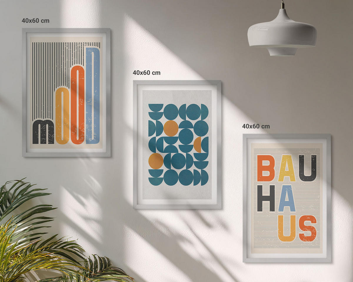 WANDBILDER 3er Set - 40x60 cm Silberner Rahmen - Geometrische Muster im Bauhaus-Stil - Silberfarben, Kunststoff (40/60cm) - ArtPrintCave
