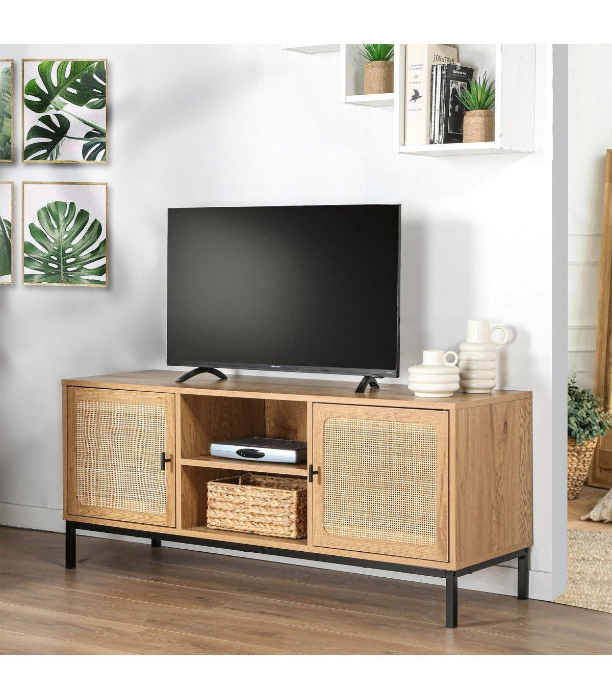 TV-MÖBEL mit 2 Türen, Rattangeflecht und 2 Ablagen - L120cm - Apfelbaumfarben, Holzwerkstoff (39/51/120cm) - Calicosy