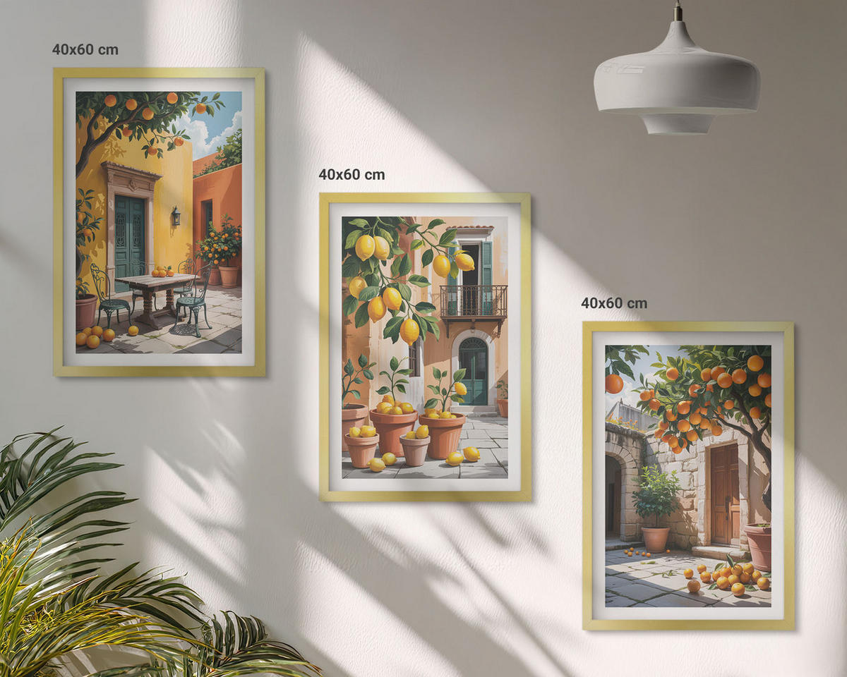 WANDBILDER 3er Set - 40x60 cm Goldrahmen - Zitrusfrüchte im Garten - Goldfarben, Kunststoff (40/60cm) - ArtPrintCave