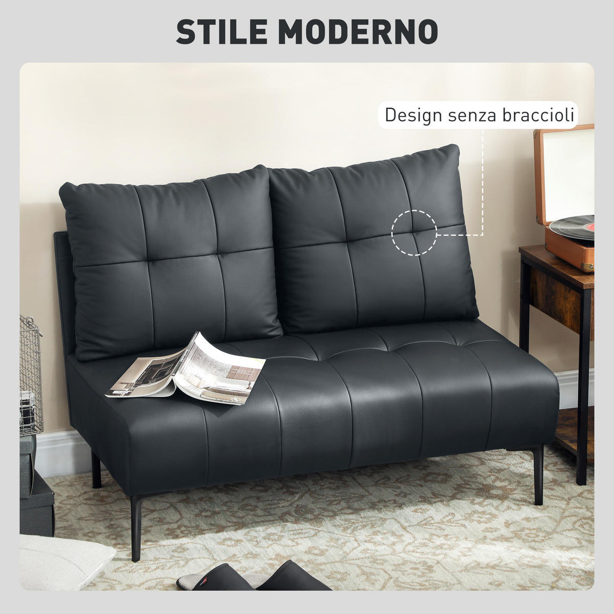 SOFA, 2-Sitzer, Kunstleder, knopfgesteppt, schwarz, 115x73x83cm - Multicolor, Holzwerkstoff (115/83/73cm) - FORIOUS