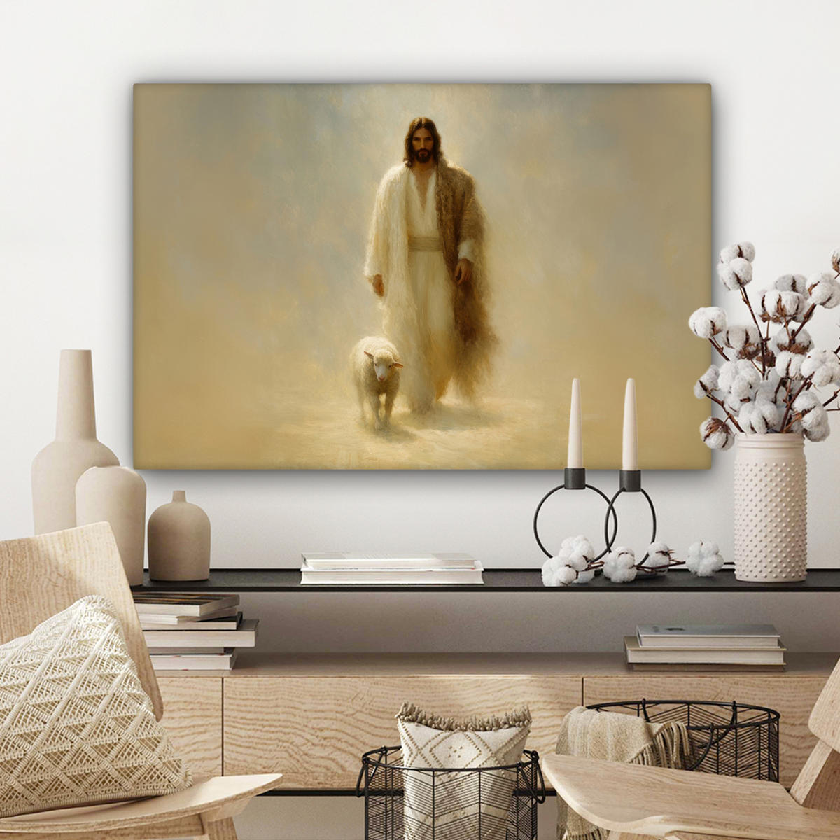 LEINWANDBILD Schaf - Jesus - Pinselstriche - Abstrakt Wanddeko 90x60 cm - Sandfarben, Textil (90/60cm) - MuchoWow