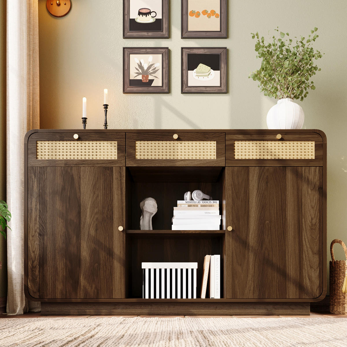 SIDEBOARD 120/40/85 cm aus MDF und Spanplatte mit Rattanfronten Nussbaum - Walnussfarben, Holzwerkstoff (120/85/40cm) - Modenvie