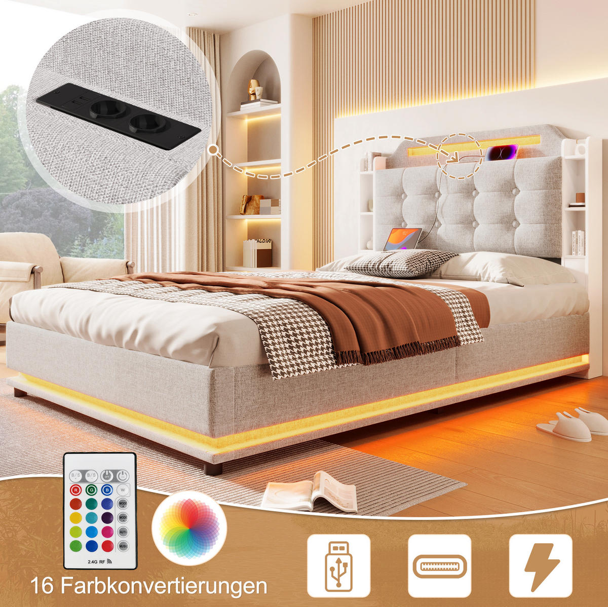 ČALOUNĚNÁ postel 140/200 cm béžová z lnu s LED osvětlením a úložným prostorem - béžová, textil (140/200cm) - OKWISH