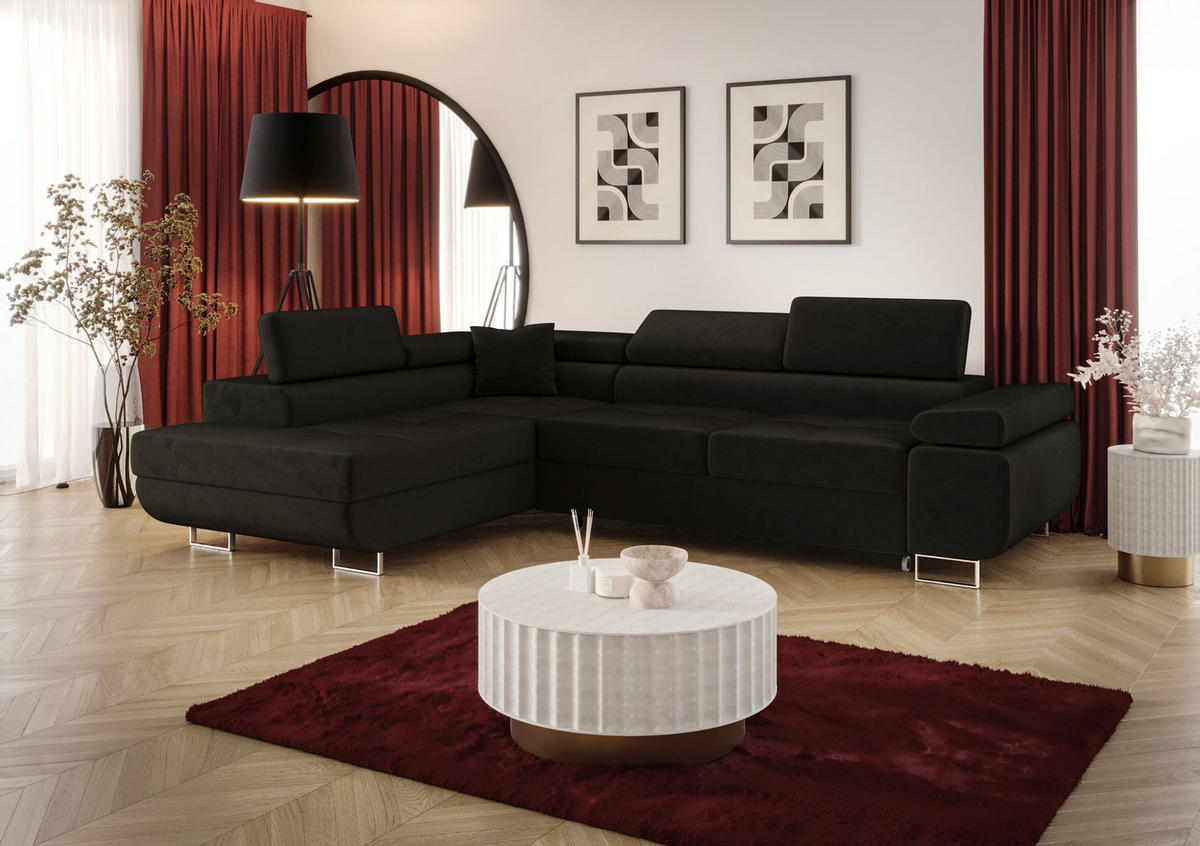 ECKSOFA EMILY mit Schlaffunktion Monolith 95 Links - Schwarz, Textil (275/200cm) - Bedante