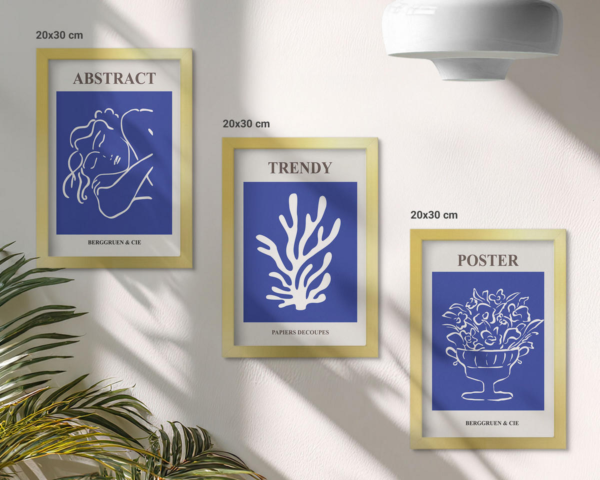 BILDER SET 3er Set - 20x30 cm Goldrahmen - Stilvolle blaue Poster - Goldfarben, Kunststoff (20/30cm) - TULUP
